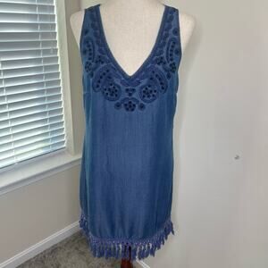 Beige by eci dress Size Medium Fringe Unique V Neck Chambray